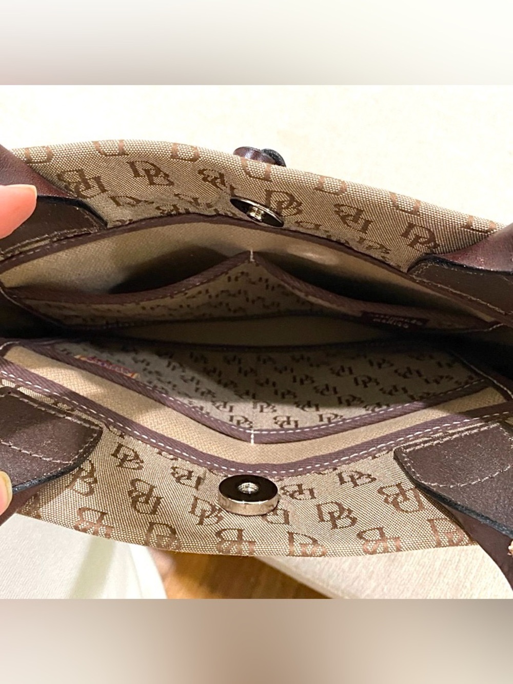 DOONEY &  BOURKE USED 2x Monogram Brown Canvas Mini Tassel Tote  11x8x4 - Picture 8 of 9